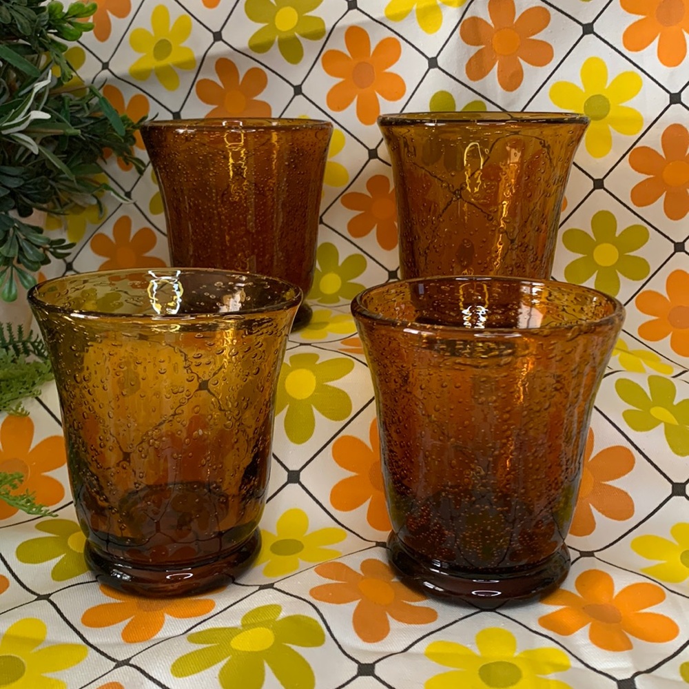Beautiful set of 4 mouth blown amber bubble glass cups / drinking glasses